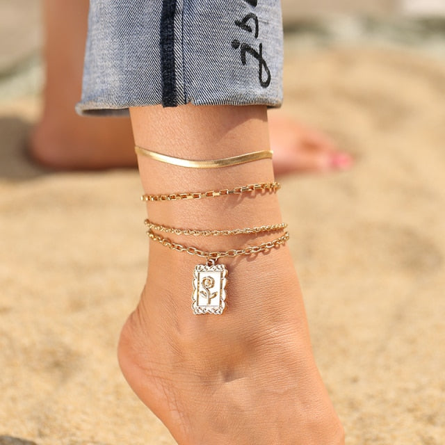 17KM Punk Multilayered Lock Snake Chain Anklet