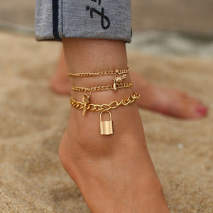 17KM Punk Multilayered Lock Snake Chain Anklet