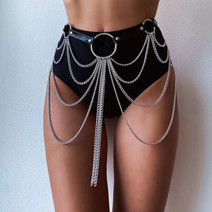 Black Leather Chain Belt Goth Waist Body Chain Skirt Harness
