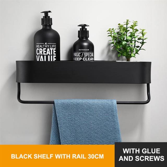 Bathroom Shelf Rack Kitchen Wall Shelves Bath Towel Holder Black Shower Storage Basket Kitchen Organizer Bathroom Accessories