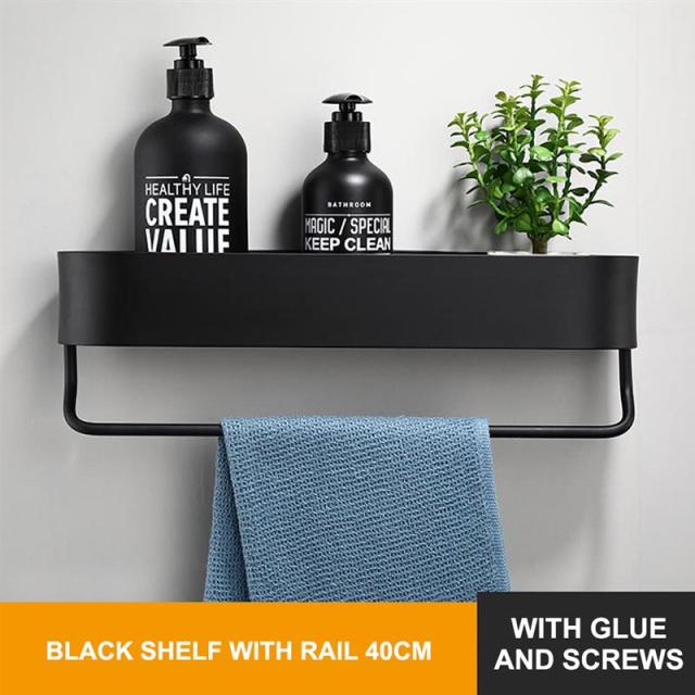 Bathroom Shelf Rack Kitchen Wall Shelves Bath Towel Holder Black